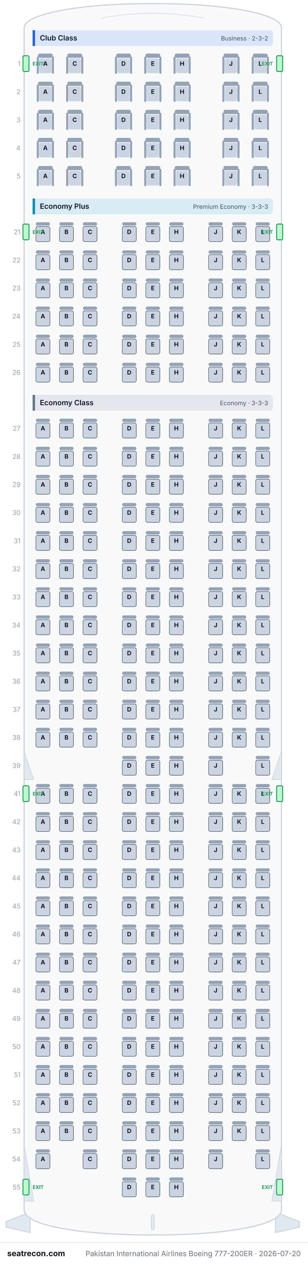 Pakistan International Airlines Boeing 777-200ER seat map (35J/54W/240Y)