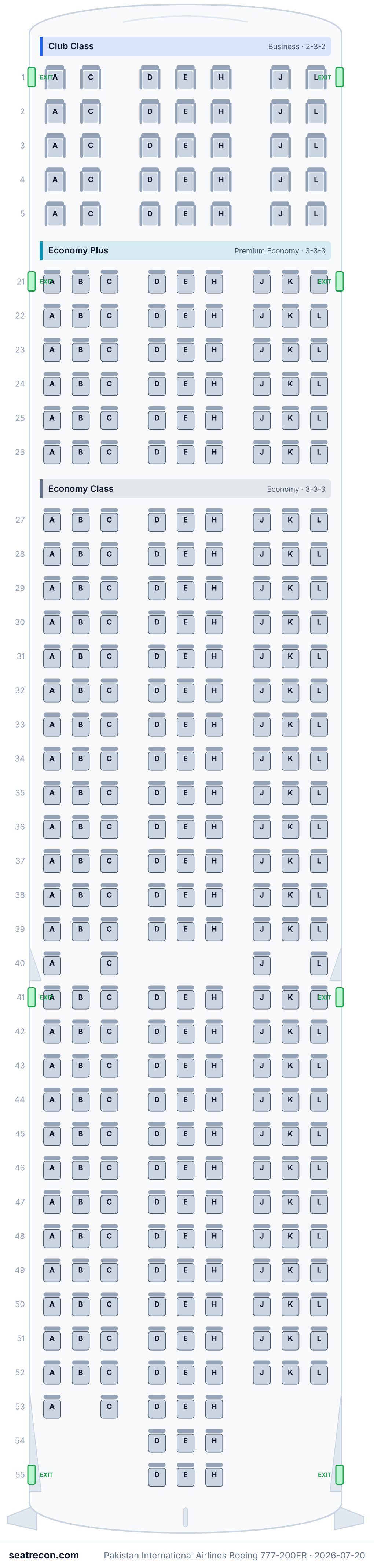Pakistan International Airlines Boeing 777-200ER seat map (35J/54W/240Y)