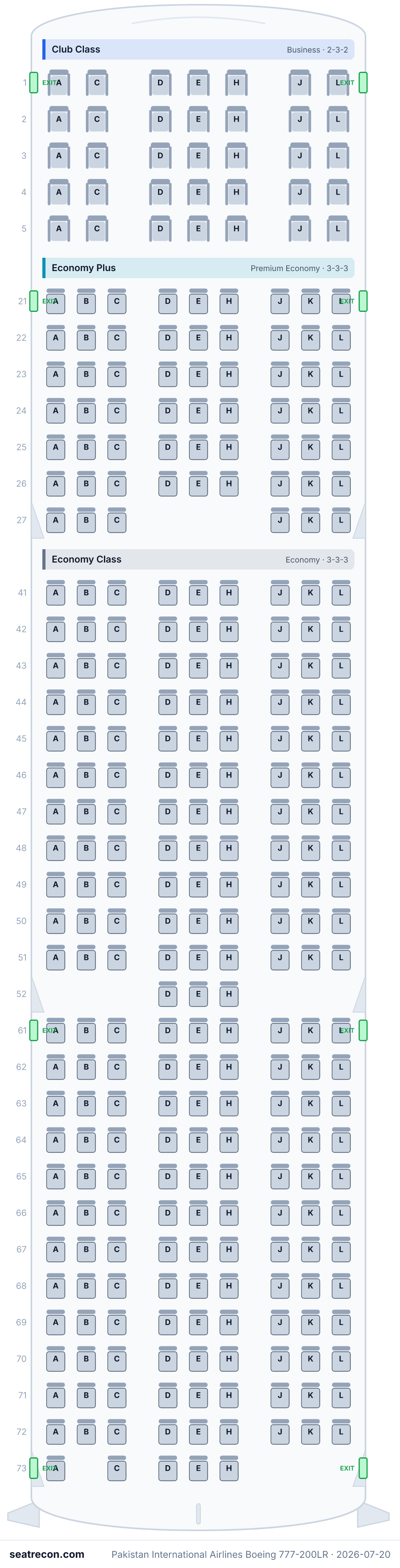 Pakistan International Airlines Boeing 777-200LR seat map (35J/60W/215Y)