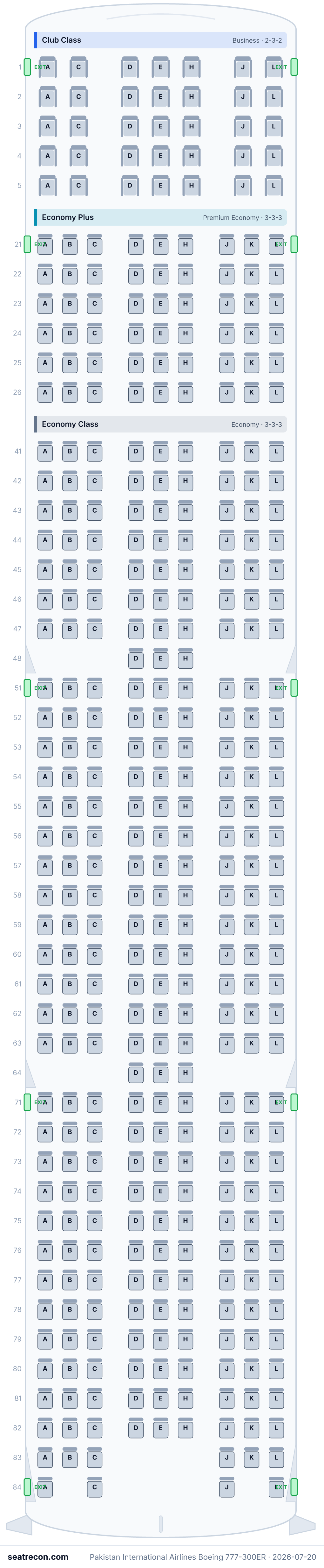 Pakistan International Airlines Boeing 777-300ER seat map (35J/54W/304Y)