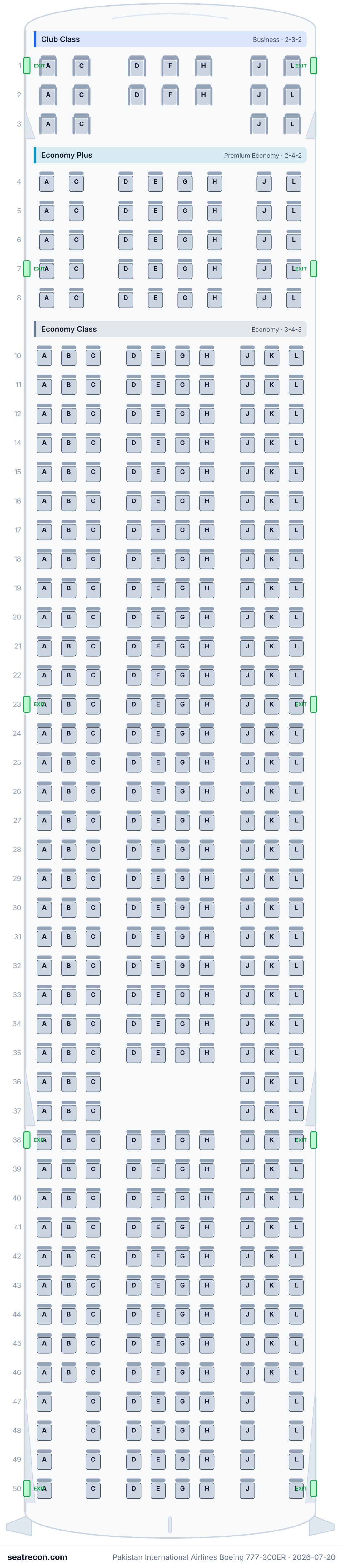 Pakistan International Airlines Boeing 777-300ER seat map (18J/40W/384Y)