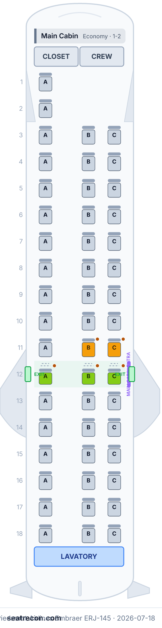 Piedmont Airlines Embraer ERJ-145 seat map diagram — Main Cabin (50 seats)