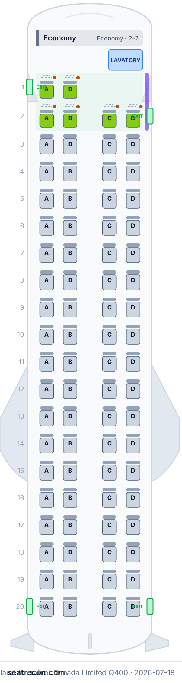 Porter Airlines De Havilland Aircraft of Canada Limited Q400 seat map diagram — Economy (78 seats)