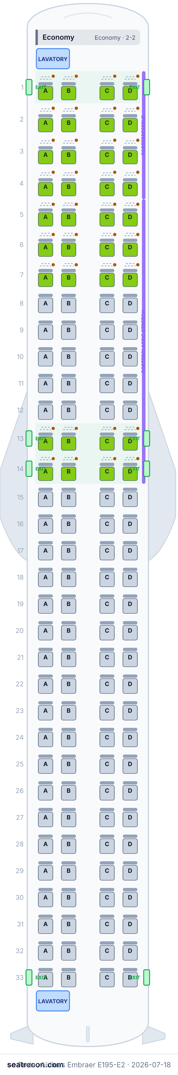 Porter Airlines Embraer E195-E2 seat map diagram — Economy (132 seats)