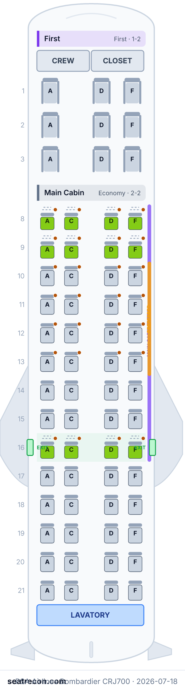 PSA Airlines Bombardier CRJ700 seat map diagram — First, Main Cabin (65 seats)