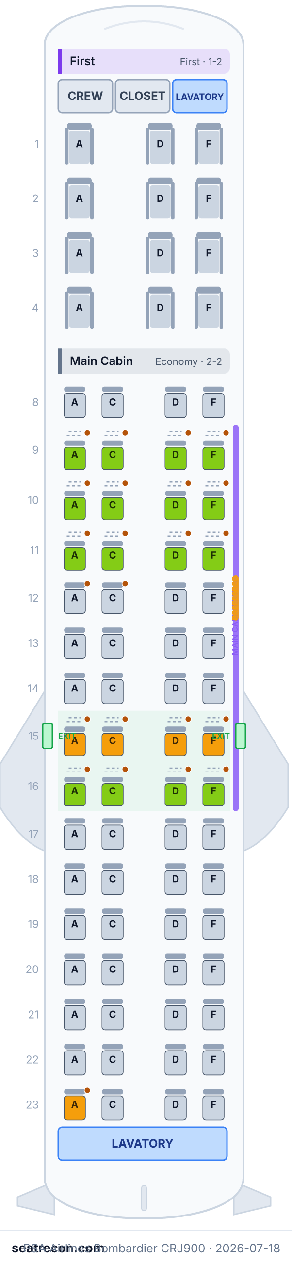 PSA Airlines Bombardier CRJ900 seat map diagram — First, Main Cabin (76 seats)