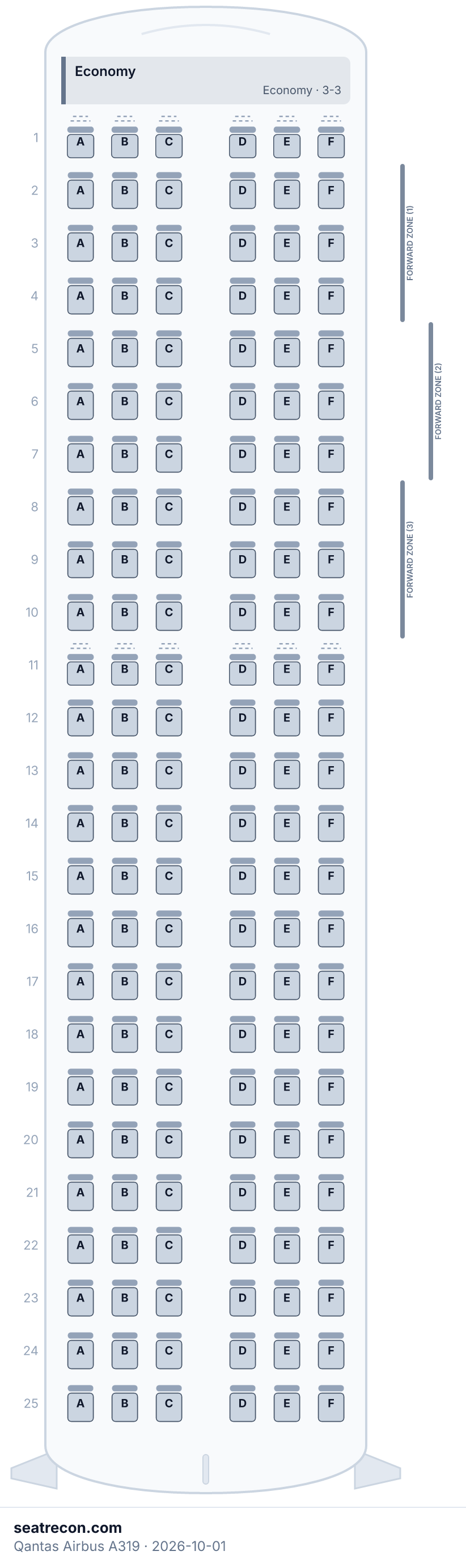Qantas Airbus A319 seat map diagram — Economy (150 seats)