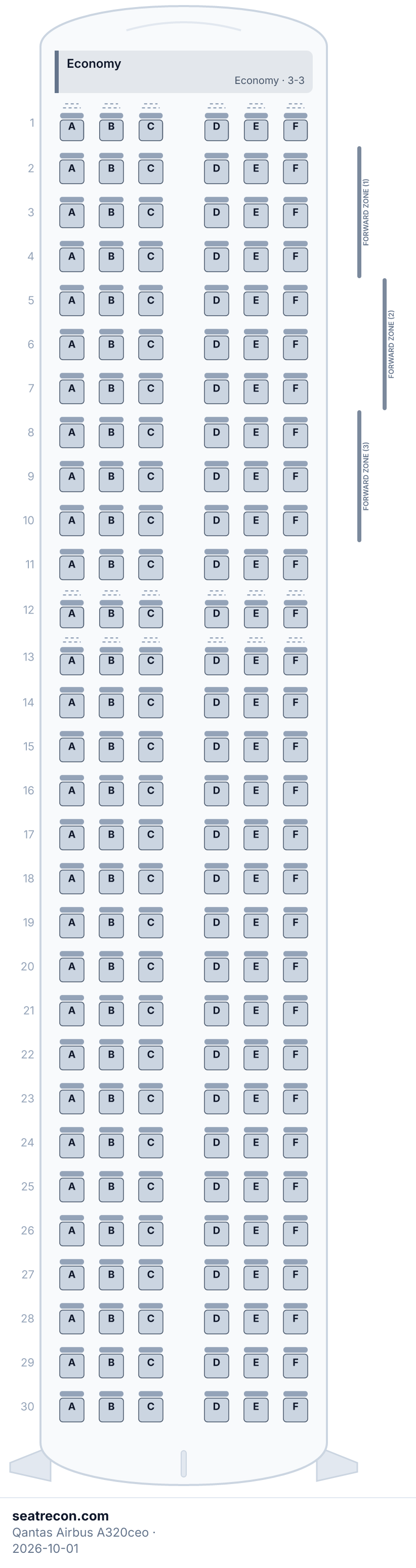 Qantas Airbus A320ceo seat map diagram — Economy (180 seats)