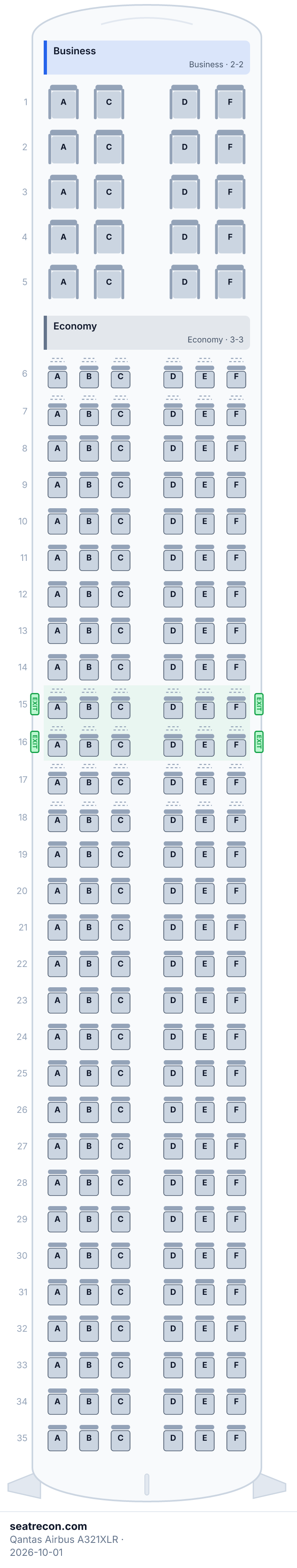Qantas Airbus A321XLR seat map diagram — Business, Economy (200 seats)