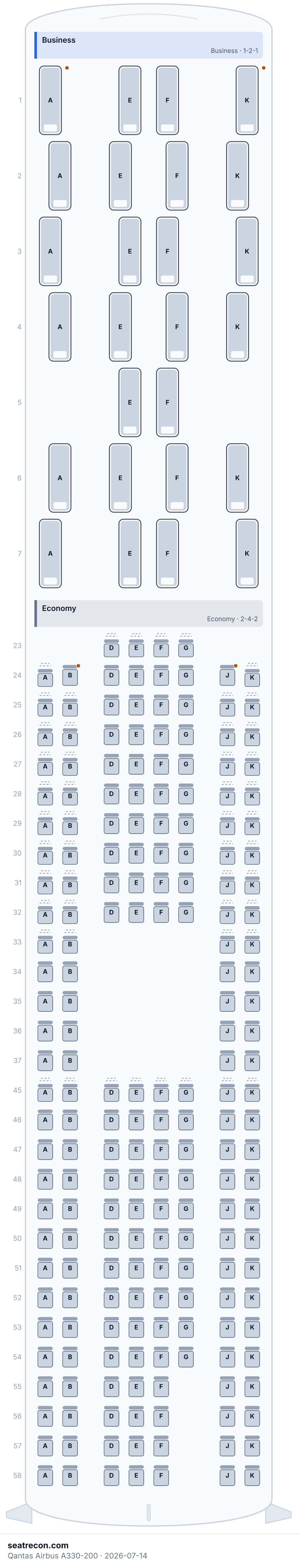 Qantas Airbus A330-200 seat map diagram — Business, Economy (230 seats)
