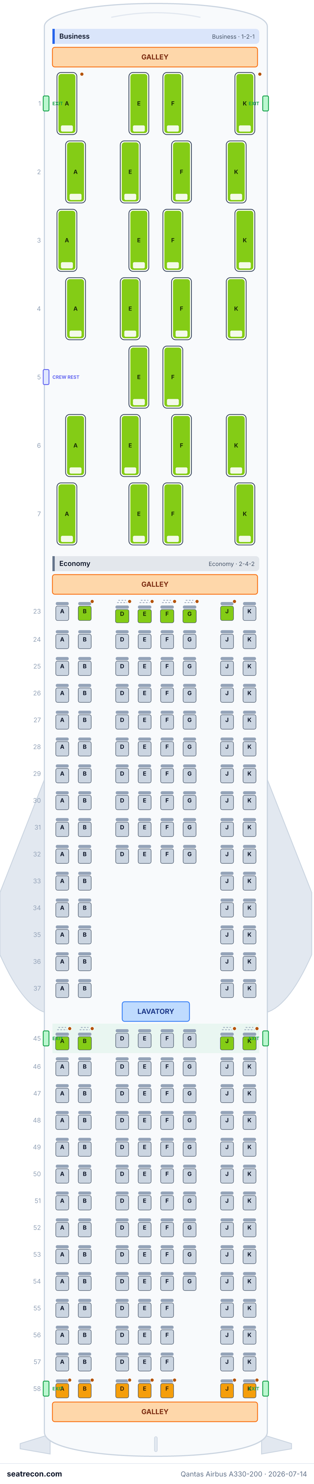 Qantas Airbus A330-200 seat map diagram — Business, Economy (234 seats)