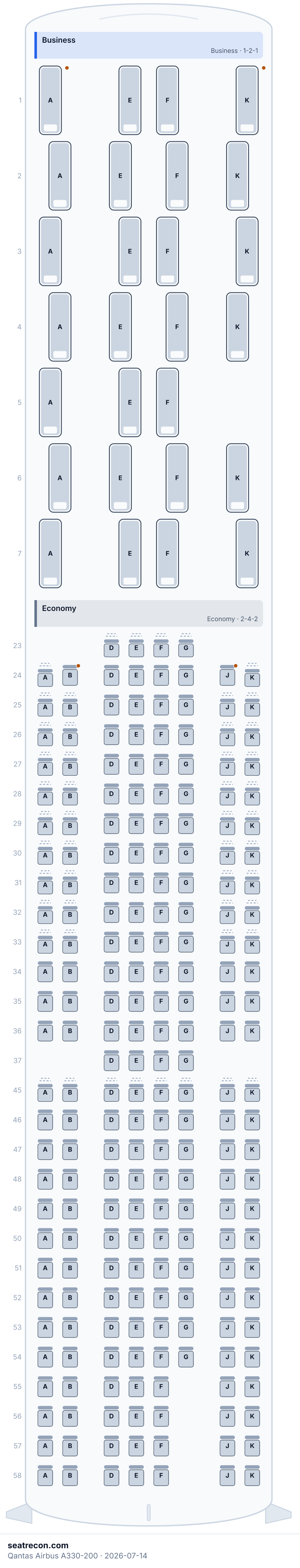 Qantas Airbus A330-200 seat map diagram — Business, Economy (247 seats)