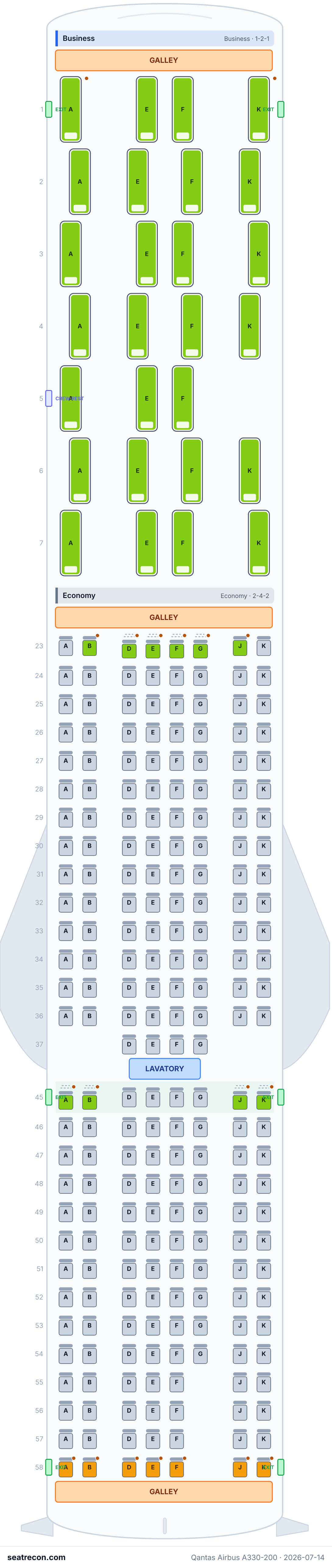 Qantas Airbus A330-200 seat map diagram — Business, Economy (251 seats)