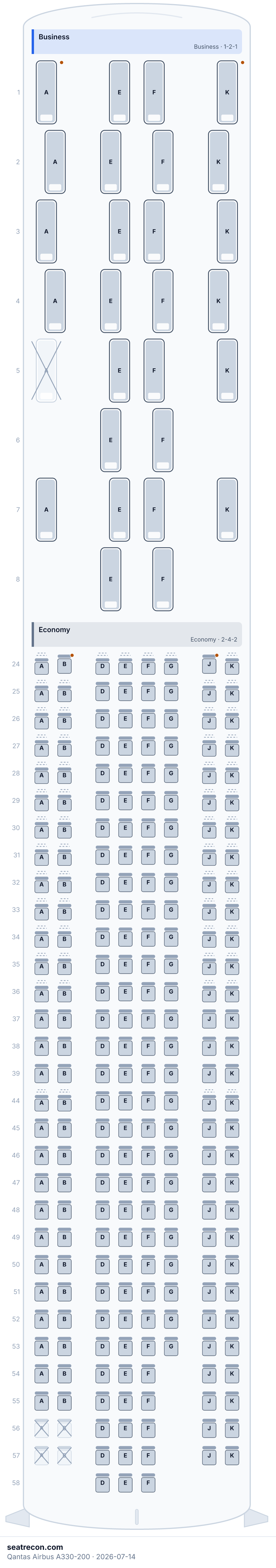 Qantas Airbus A330-200 seat map diagram — Business, Economy (267 seats)