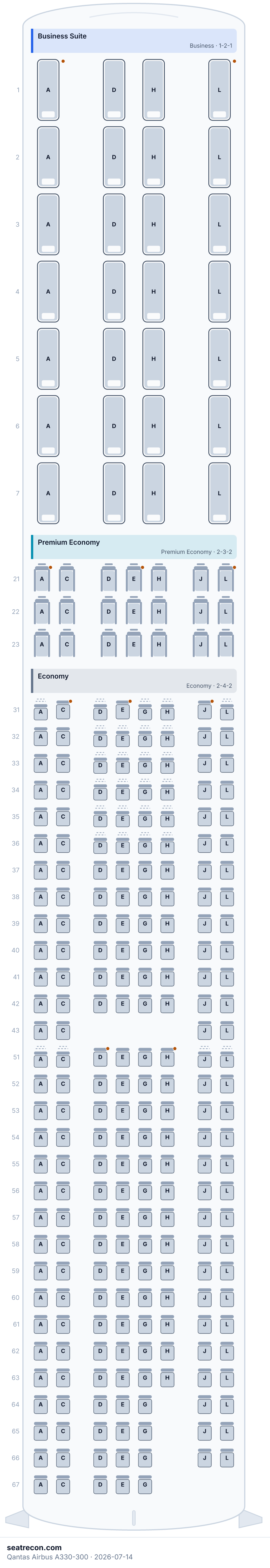 Qantas Airbus A330-300 seat map diagram — Business Suite, Premium Economy, Economy (279 seats)