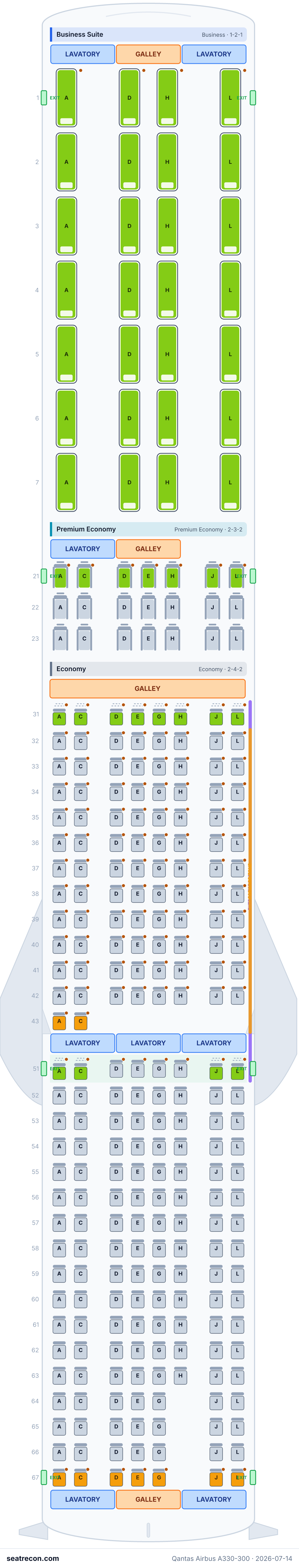 Qantas Airbus A330-300 seat map diagram — Business Suite, Premium Economy, Economy (279 seats)