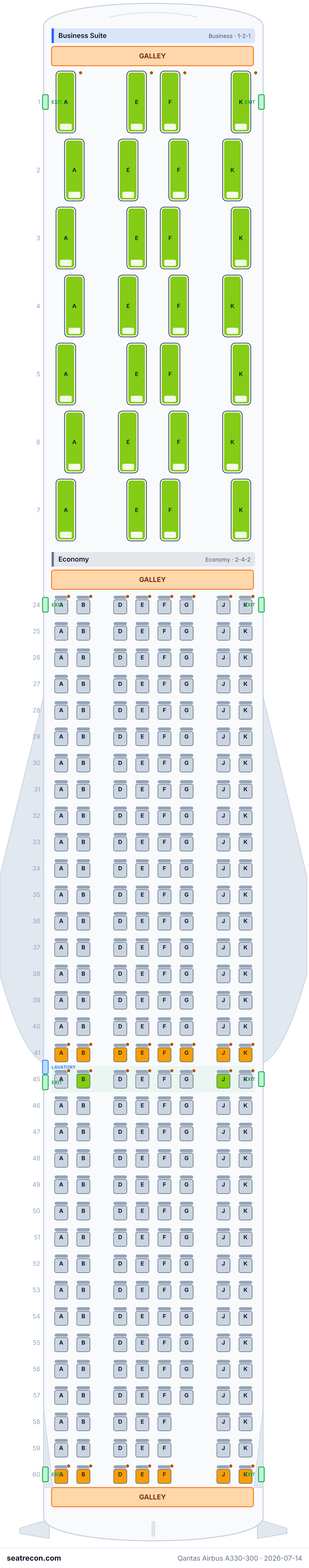Qantas Airbus A330-300 seat map diagram — Business Suite, Economy (297 seats)
