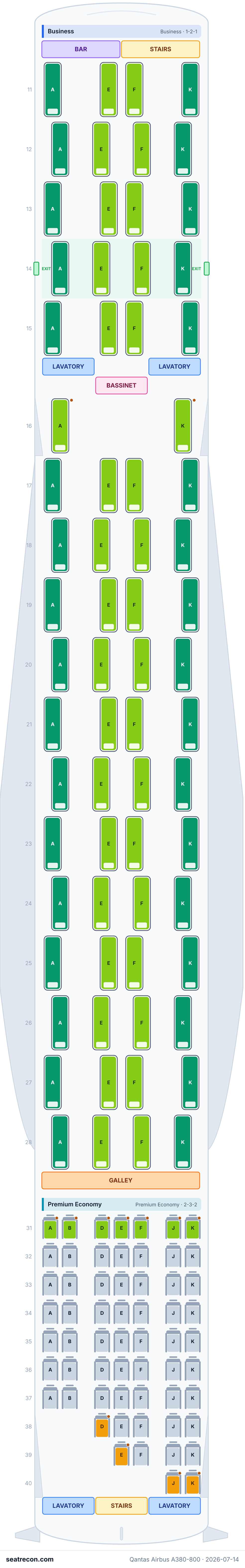 Qantas Airbus A380-800 seat map diagram — Business, Premium Economy, First, Economy (485 seats) — upper deck