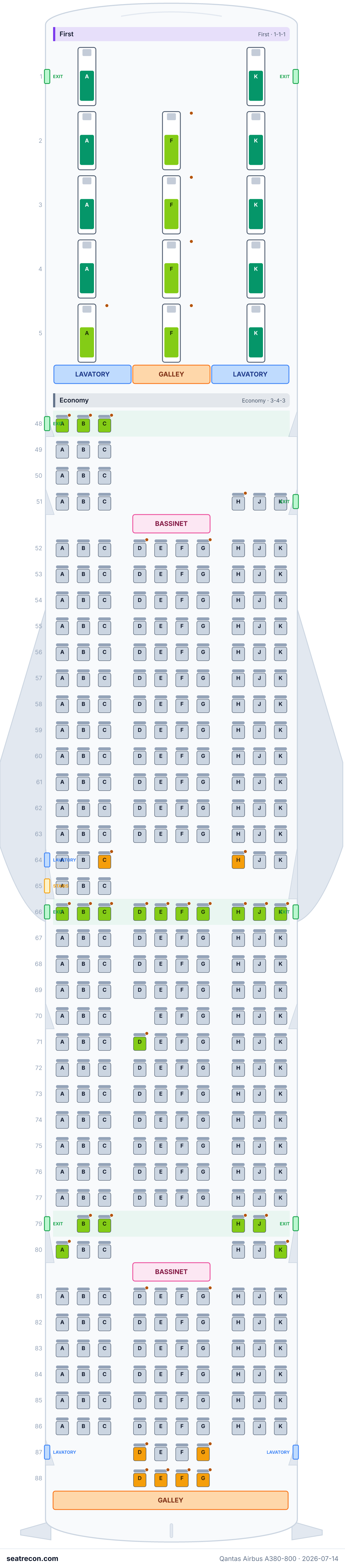 Qantas Airbus A380-800 seat map diagram — Business, Premium Economy, First, Economy (485 seats)