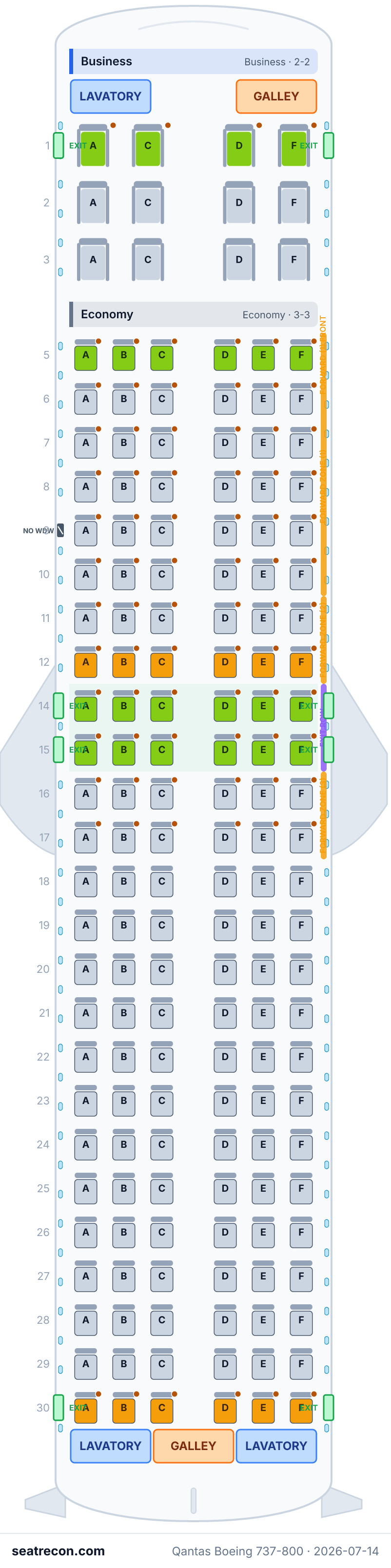 Qantas Boeing 737-800 seat map diagram — Business, Economy (162 seats)