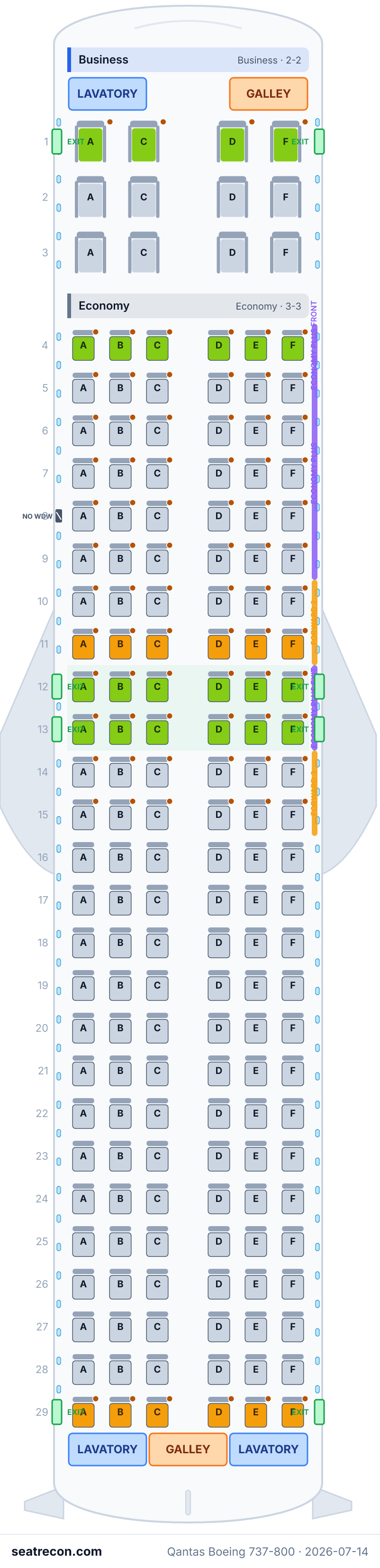 Qantas Boeing 737-800 seat map diagram — Business, Economy (168 seats)