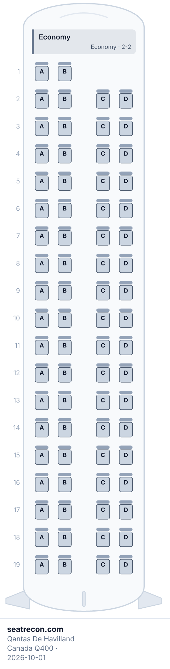 Qantas De Havilland Canada Q400 seat map diagram — Economy (74 seats)