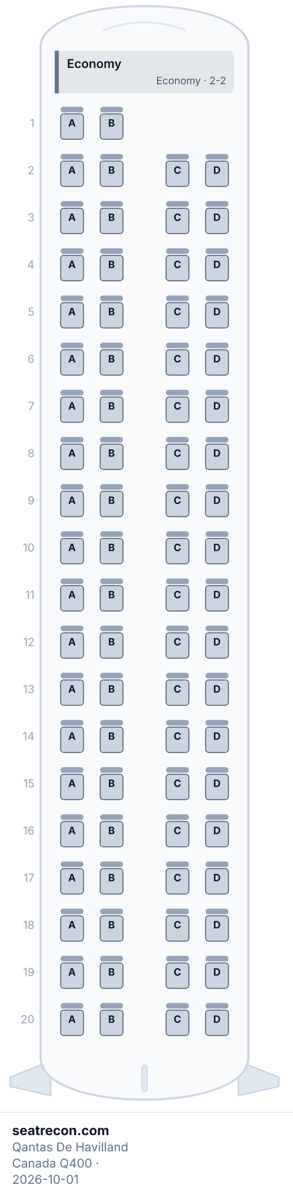 Qantas De Havilland Canada Q400 seat map diagram — Economy (78 seats)