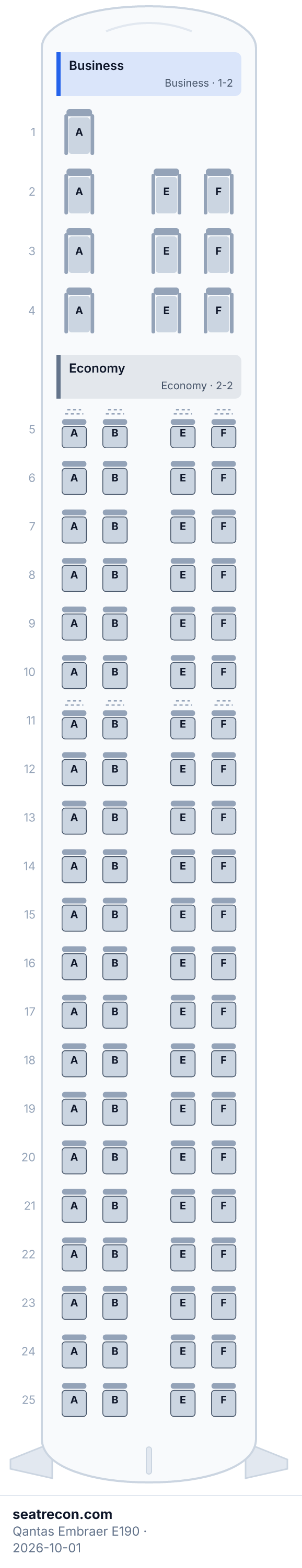 Qantas Embraer E190 seat map diagram — Business, Economy (94 seats)