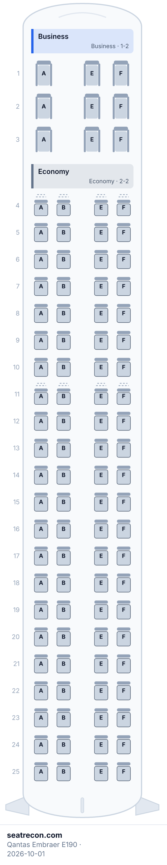 Qantas Embraer E190 seat map diagram — Business, Economy (97 seats)