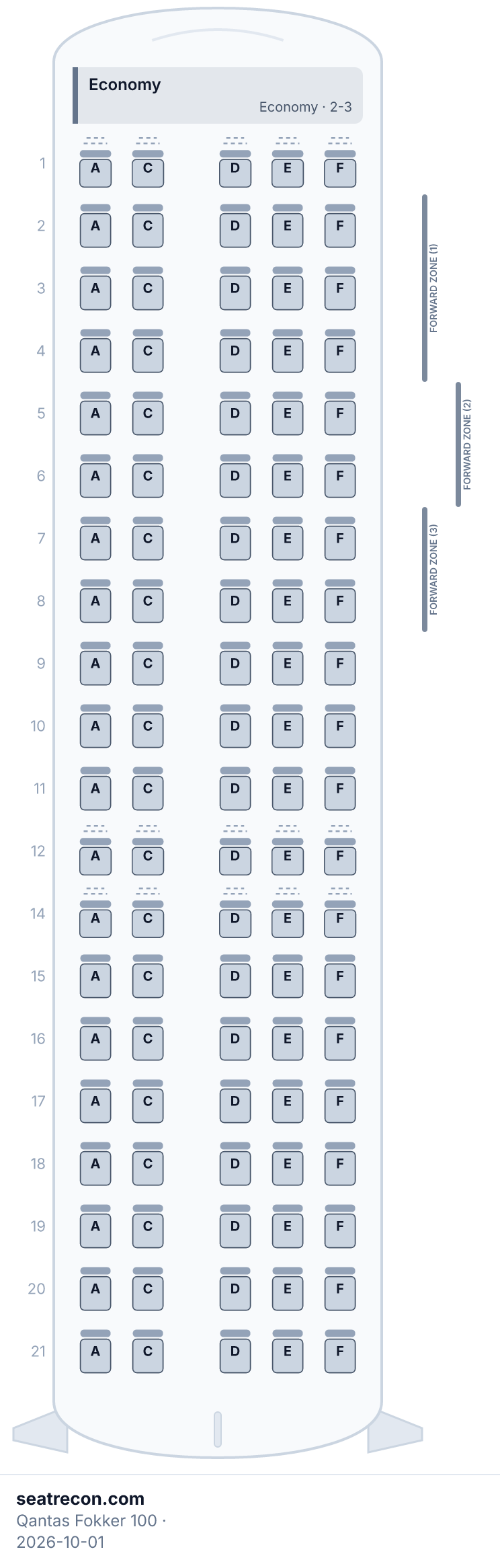 Qantas Fokker 100 seat map diagram — Economy (100 seats)