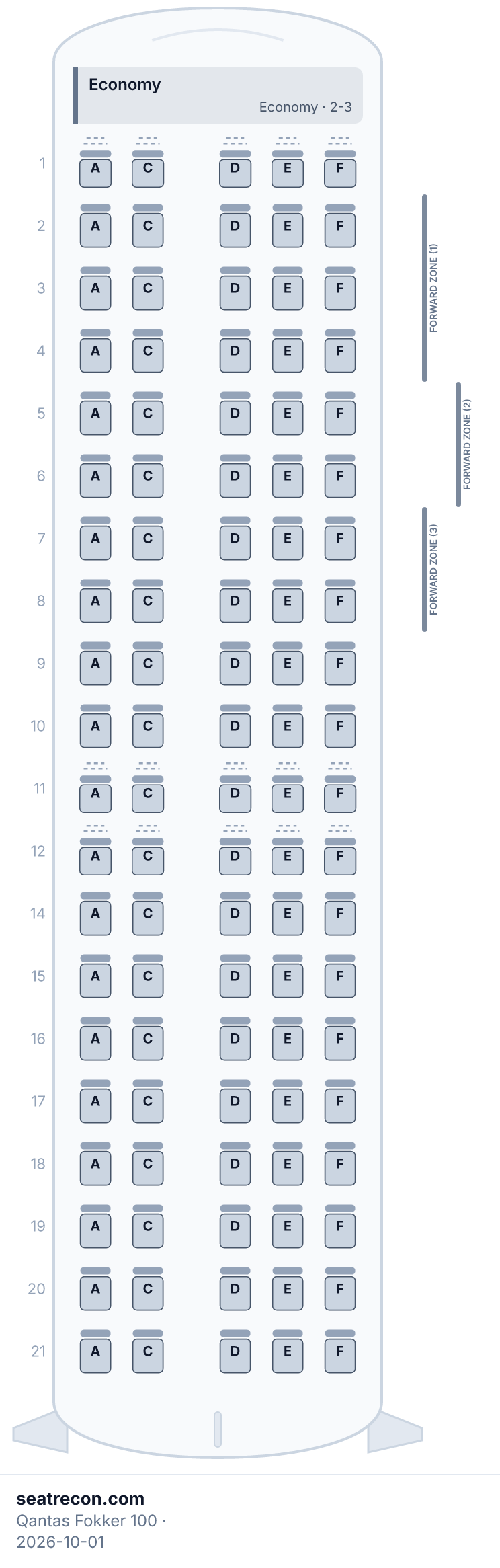 Qantas Fokker 100 seat map diagram — Economy (100 seats)