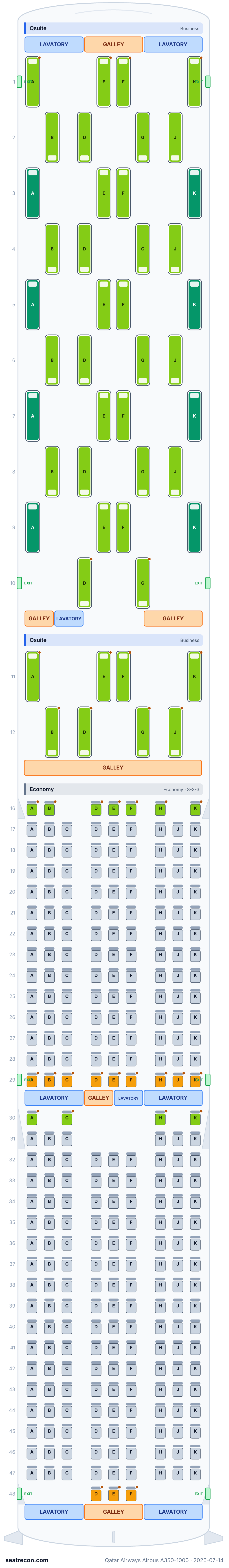 Qatar Airways Airbus A350-1000 seat map diagram — Qsuite, Economy (327 seats)