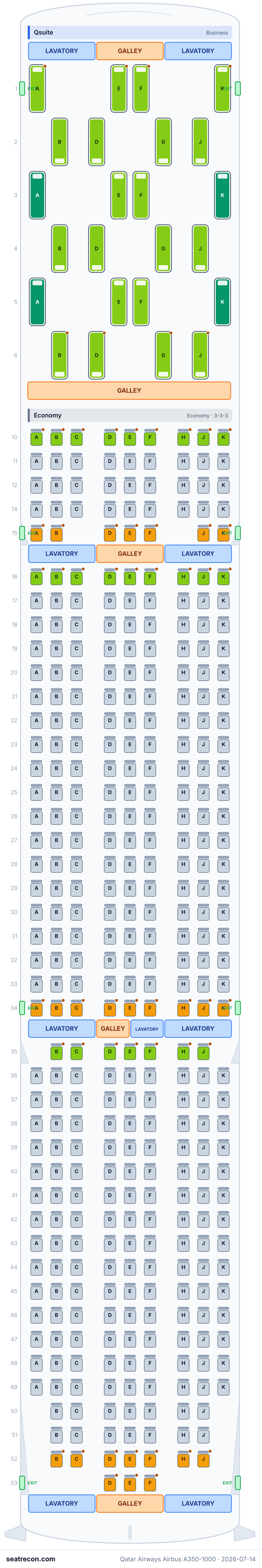 Qatar Airways Airbus A350-1000 seat map diagram — Qsuite, Economy (395 seats)