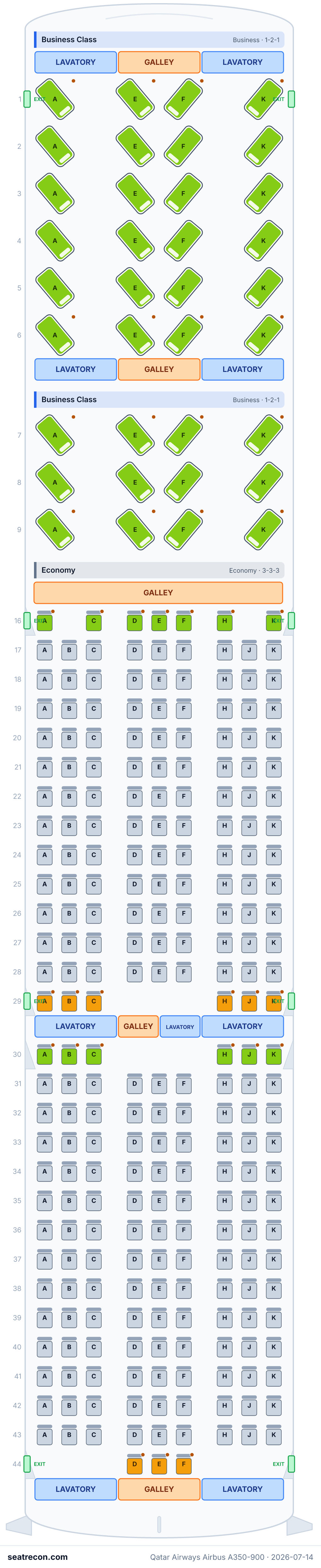 Qatar Airways Airbus A350-900 seat map diagram — Business Class, Economy (283 seats)