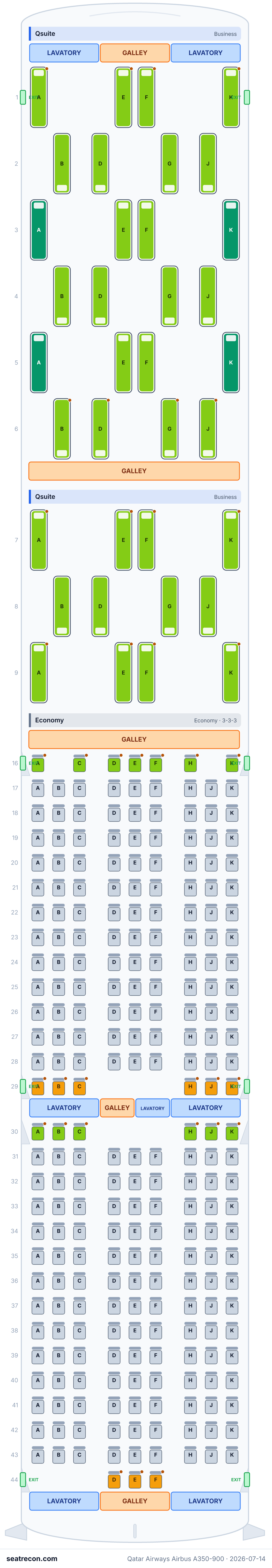 Qatar Airways Airbus A350-900 seat map diagram — Qsuite, Economy (283 seats)