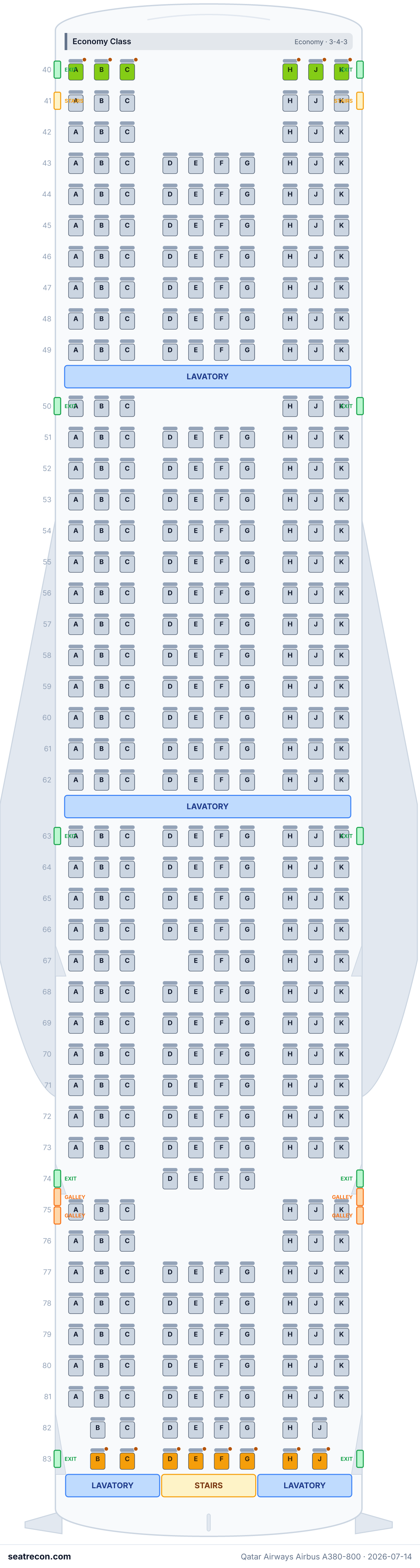 Qatar Airways Airbus A380-800 seat map diagram — Economy Class, First Class, Business Class (517 seats)