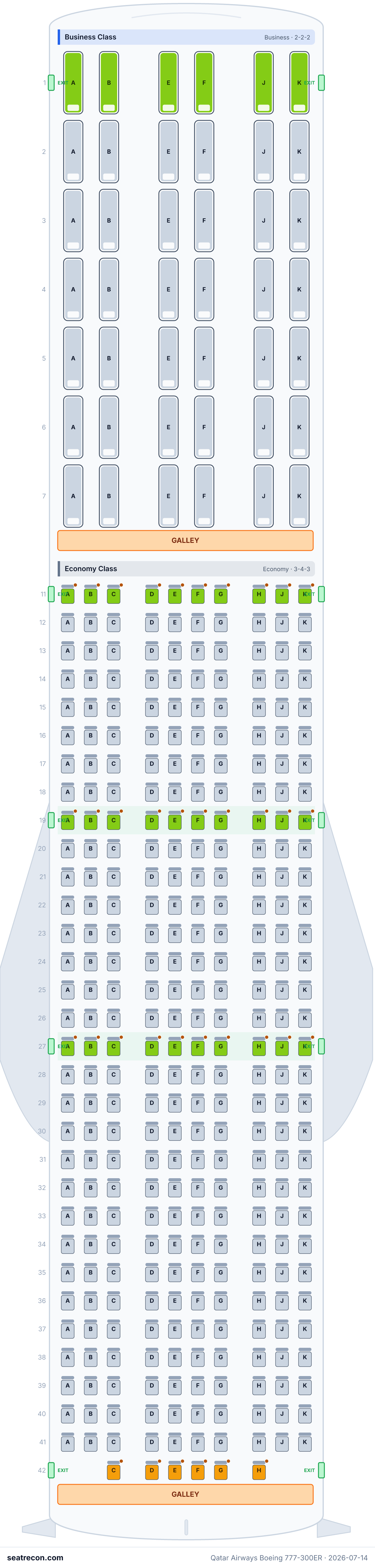 Qatar Airways Boeing 777-300ER seat map diagram — Business Class, Economy Class (358 seats)