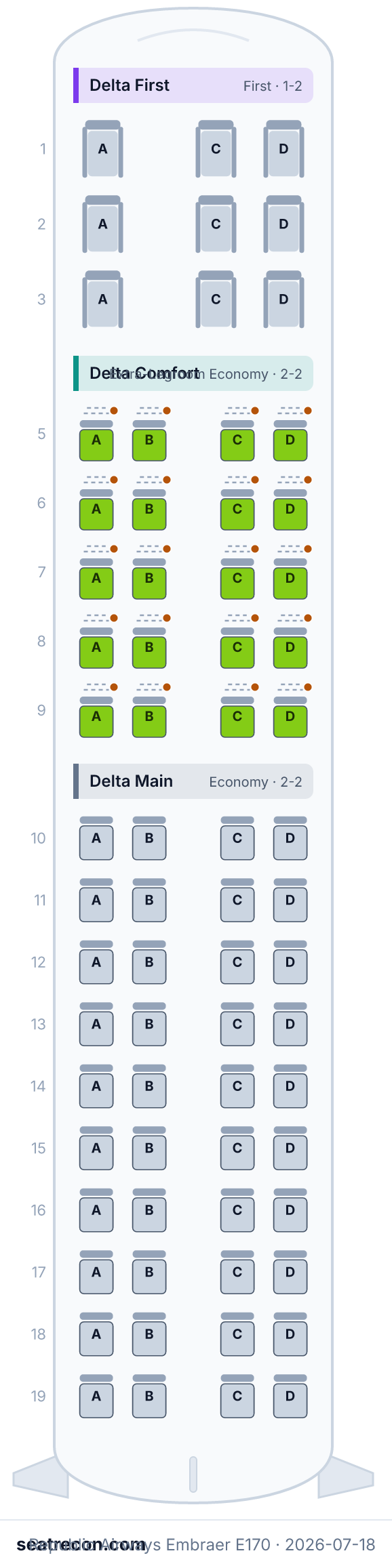 Republic Airways Embraer E170 seat map diagram — Delta First, Delta Comfort, Delta Main (69 seats)