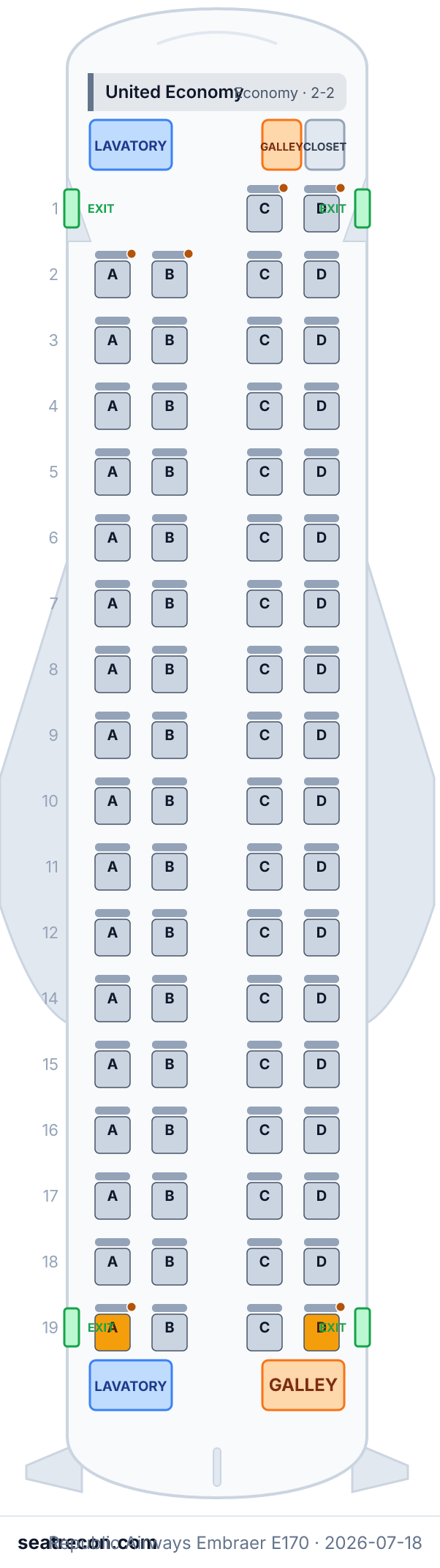 Republic Airways Embraer E170 seat map diagram — United Economy (70 seats)