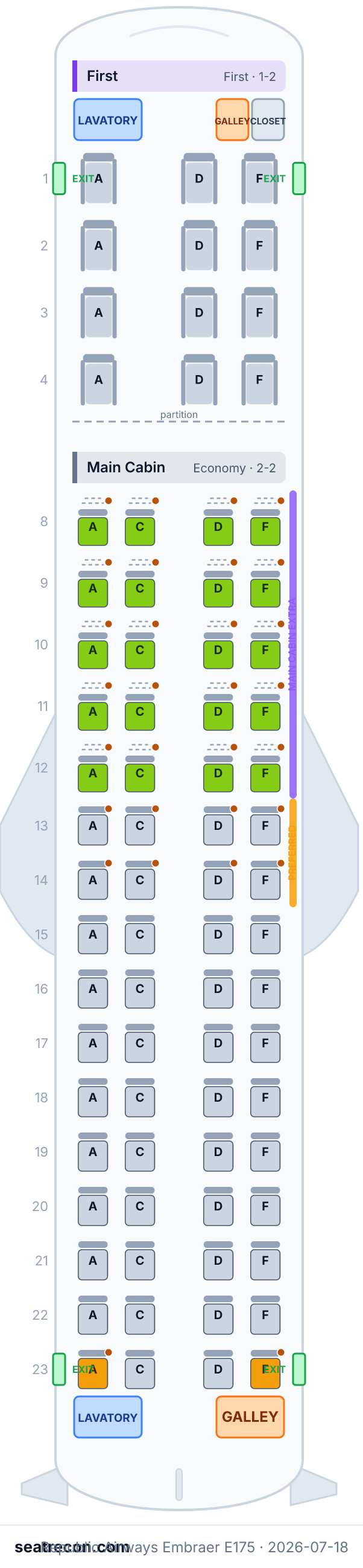 Republic Airways Embraer E175 seat map diagram — First, Main Cabin (76 seats)