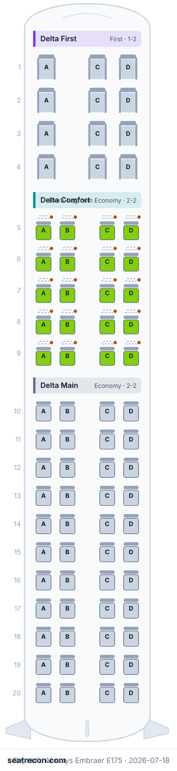 Republic Airways Embraer E175 seat map diagram — Delta First, Delta Comfort, Delta Main (76 seats)