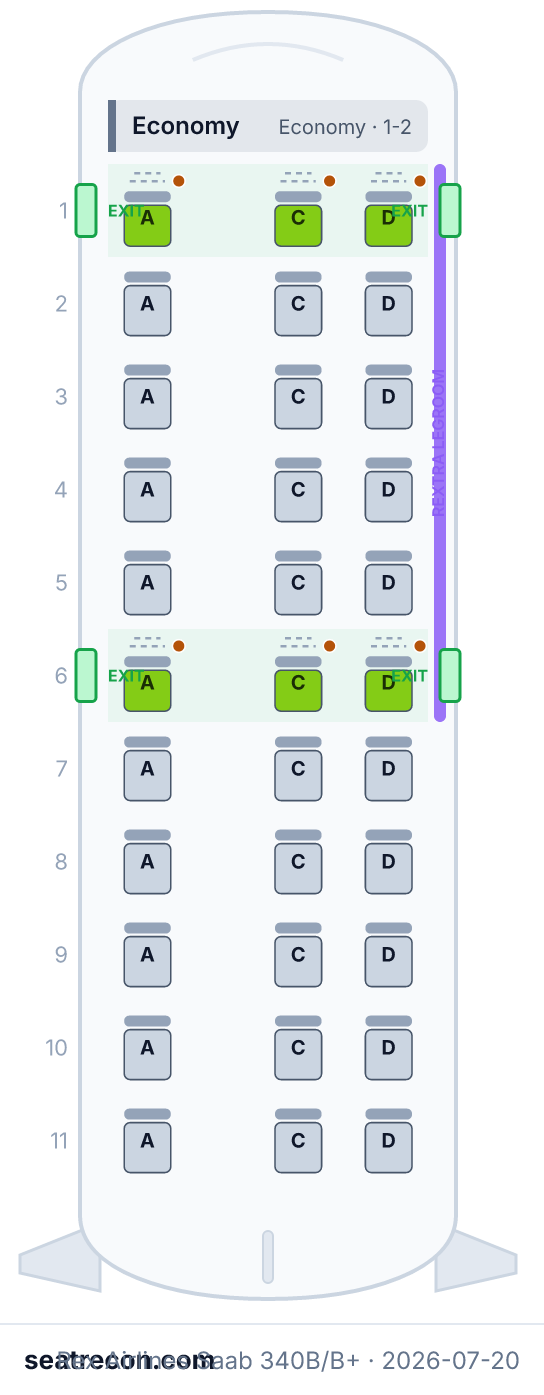 Rex Airlines Saab 340B/B+ seat map (6N/27Y)