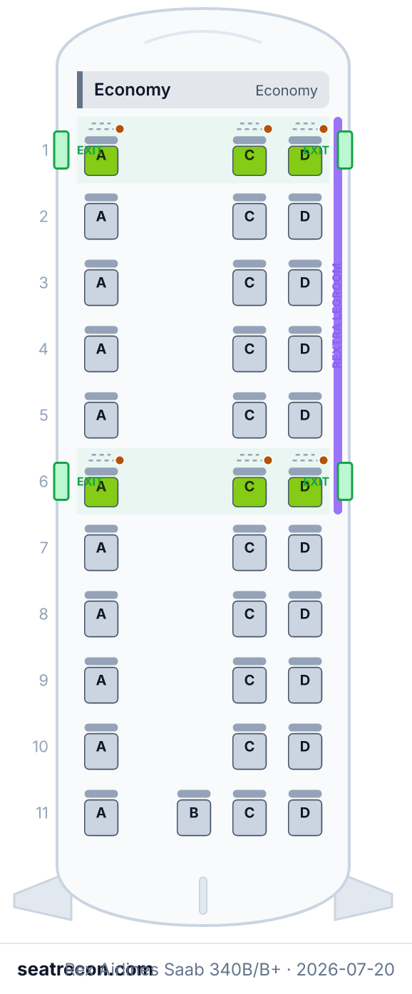 Rex Airlines Saab 340B/B+ seat map (6N/28Y)