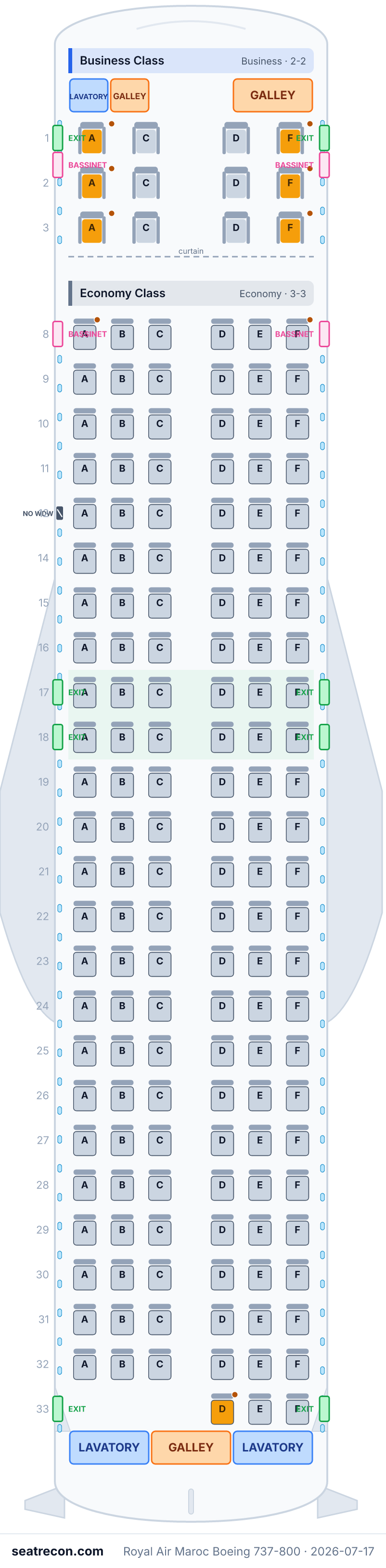 Royal Air Maroc Boeing 737-800 seat map diagram — Business Class, Economy Class (159 seats)
