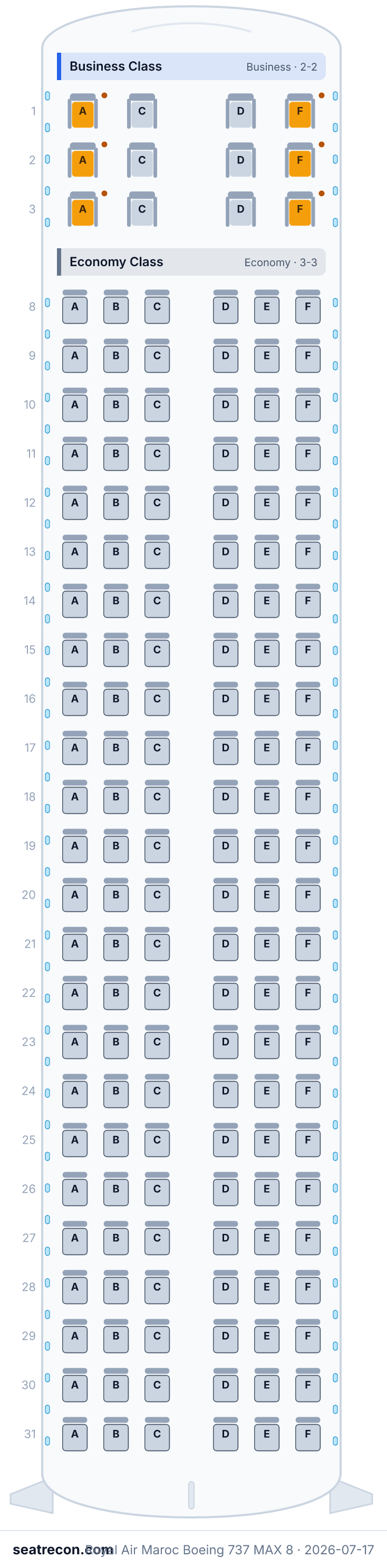Royal Air Maroc Boeing 737 MAX 8 seat map diagram — Business Class, Economy Class (156 seats)