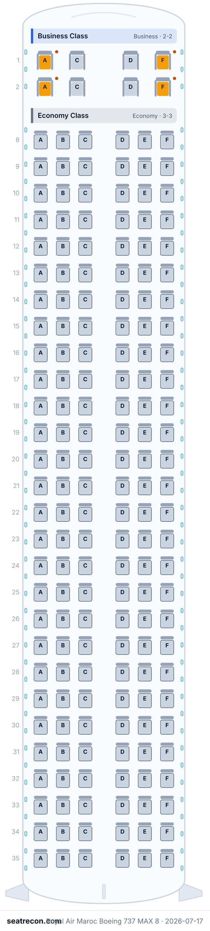 Royal Air Maroc Boeing 737 MAX 8 seat map diagram — Business Class, Economy Class (176 seats)