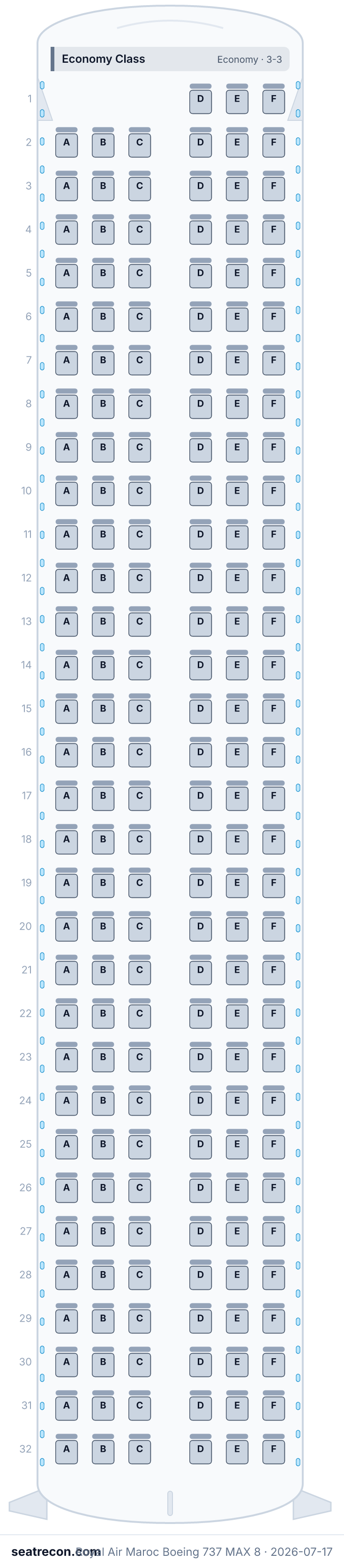 Royal Air Maroc Boeing 737 MAX 8 seat map diagram — Economy Class (189 seats)