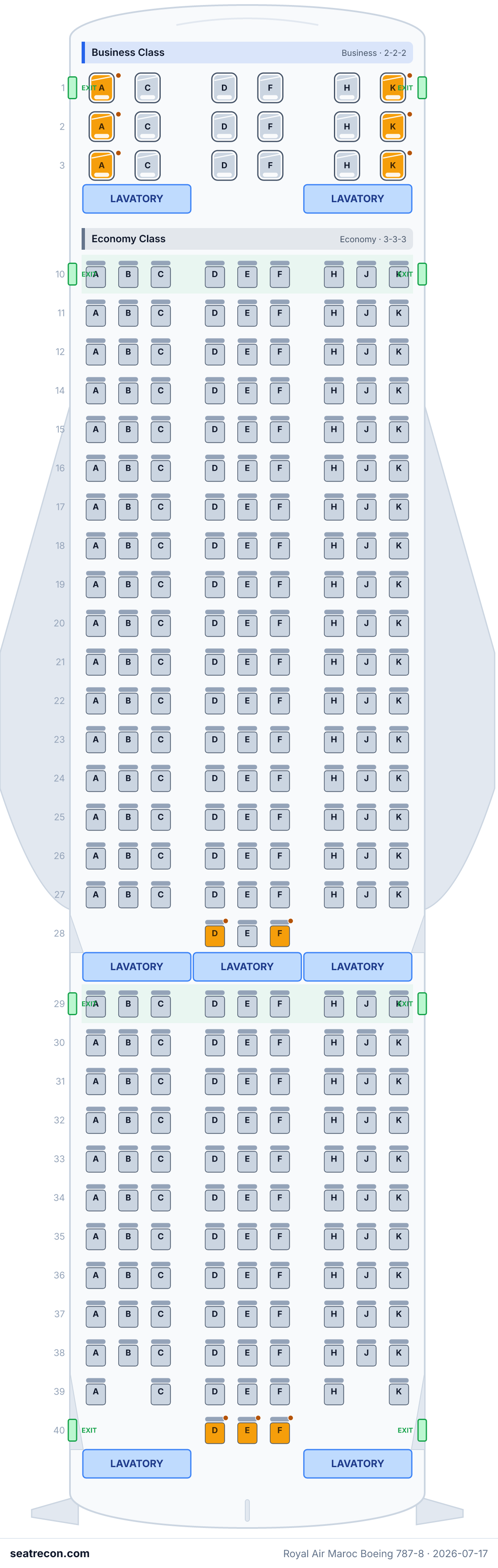 Royal Air Maroc Boeing 787-8 seat map diagram — Business Class, Economy Class (274 seats)