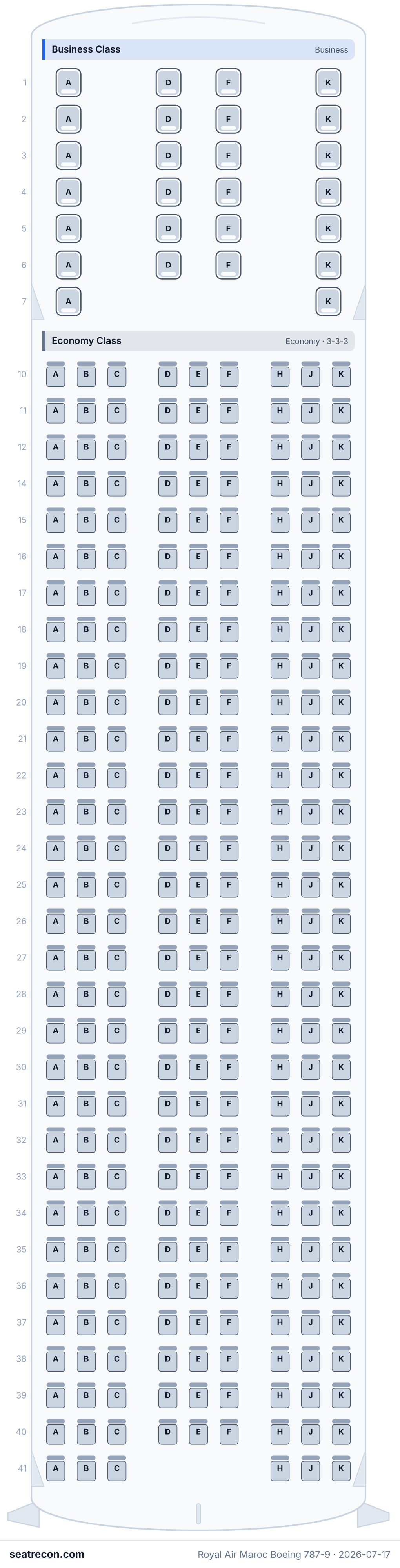 Royal Air Maroc Boeing 787-9 seat map diagram — Business Class, Economy Class (302 seats)