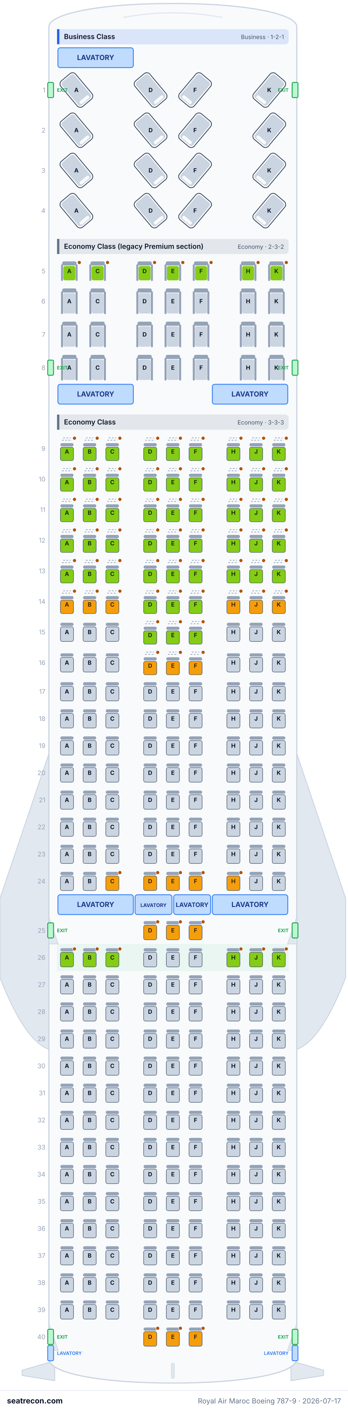 Royal Air Maroc Boeing 787-9 seat map diagram — Business Class, Economy Class (legacy Premium section), Economy Class (320 seats)